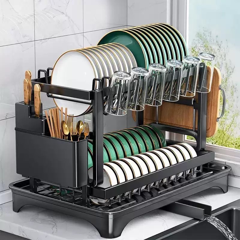 Escorredor de Louças Preto em Aço Carbono - Organizador de Cozinha, Rack para Pratos e Copos, Dreno e Secagem