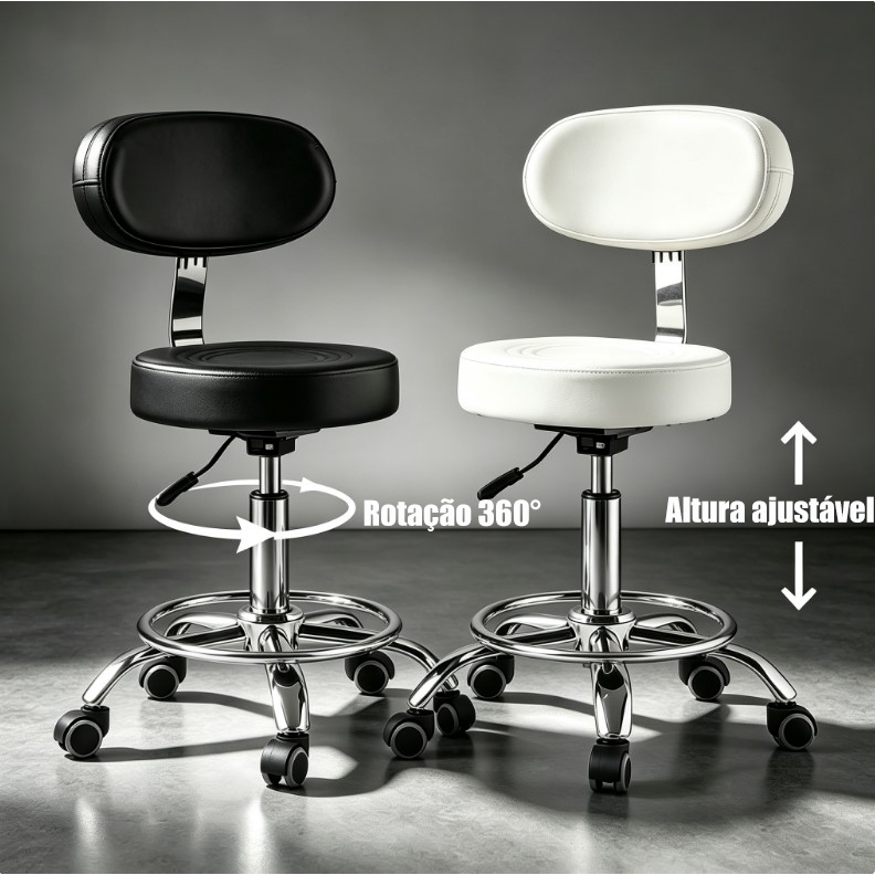 Mocho Giratório Plus, Assento Ampliado, Altura Ajustável, Rotação 360° para Esteticista, Manicure e Massagista