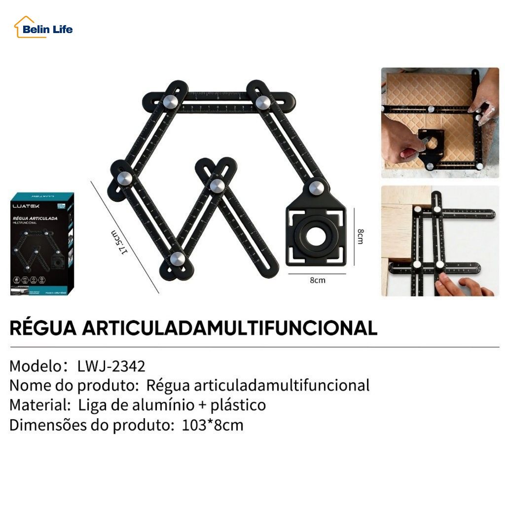 Régua Articulada Multiangular de Alumínio Gabarito Localizador de Furos Azulejo Piso LWJ-2342