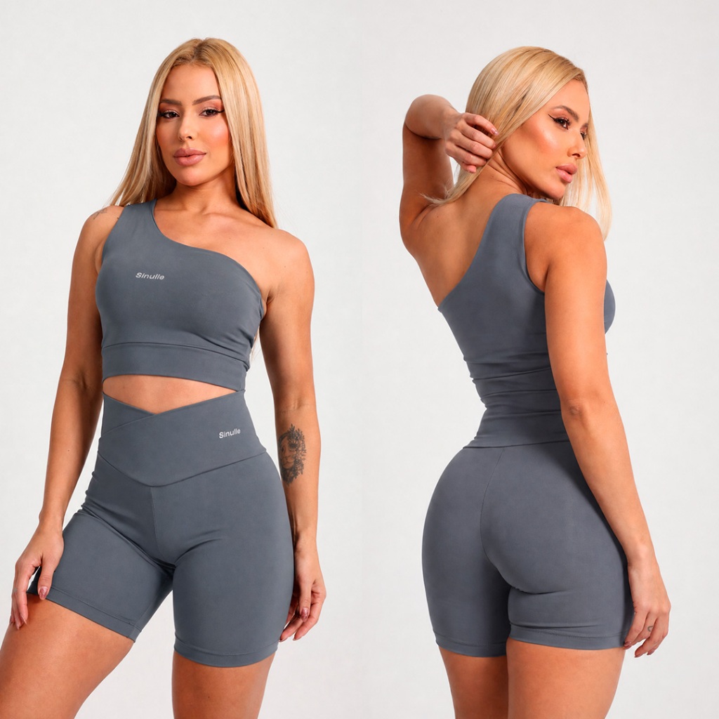 Conjunto Fitness Feminino Poliamida Premium Top 1 Alça + Short Cós Transpassado - Sem Transparência - Academia