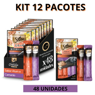 Churu Snack Sheba Cremoso Atum e Camarão para Gatos kit 12 pacotes total 48 un