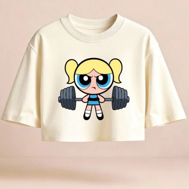Cropped Feminino Oversized Meninas Superpoderosas Academia – Estampa Fitness Musculação