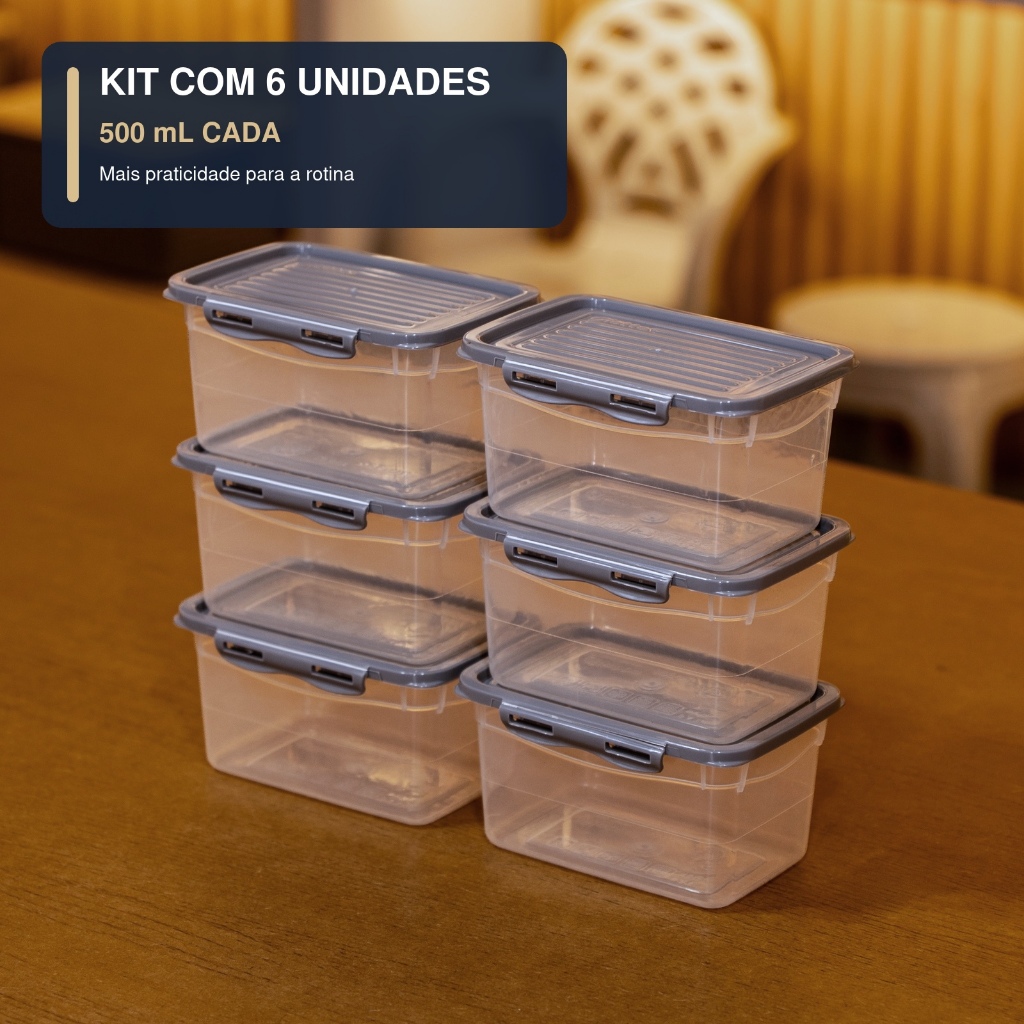 Kit 6 Potes Com Tampa e Trava 500ML Cinza Hermetico Fitnes Freezer Microondas Marmitas Giotto