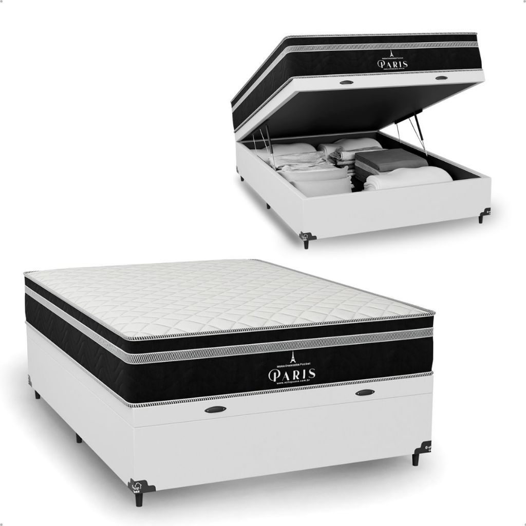 Cama Box Baú Casal Couro Branco + Colchão Paris Molas Ensacadas Preto - e-Shop Casa