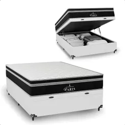 Cama Box Baú Casal Couro Branco + Colchão Paris Molas Ensacadas Preto - e-Shop Casa