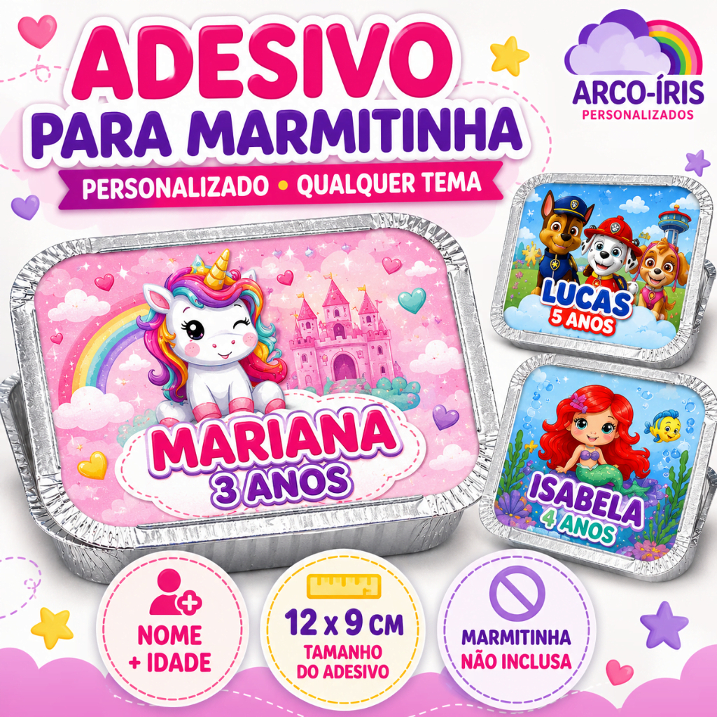 Etiqueta Marmitinha Personalizada - Adesivo Tampa 12x9 - Qualquer Tema - Decoração Festa Aniversário