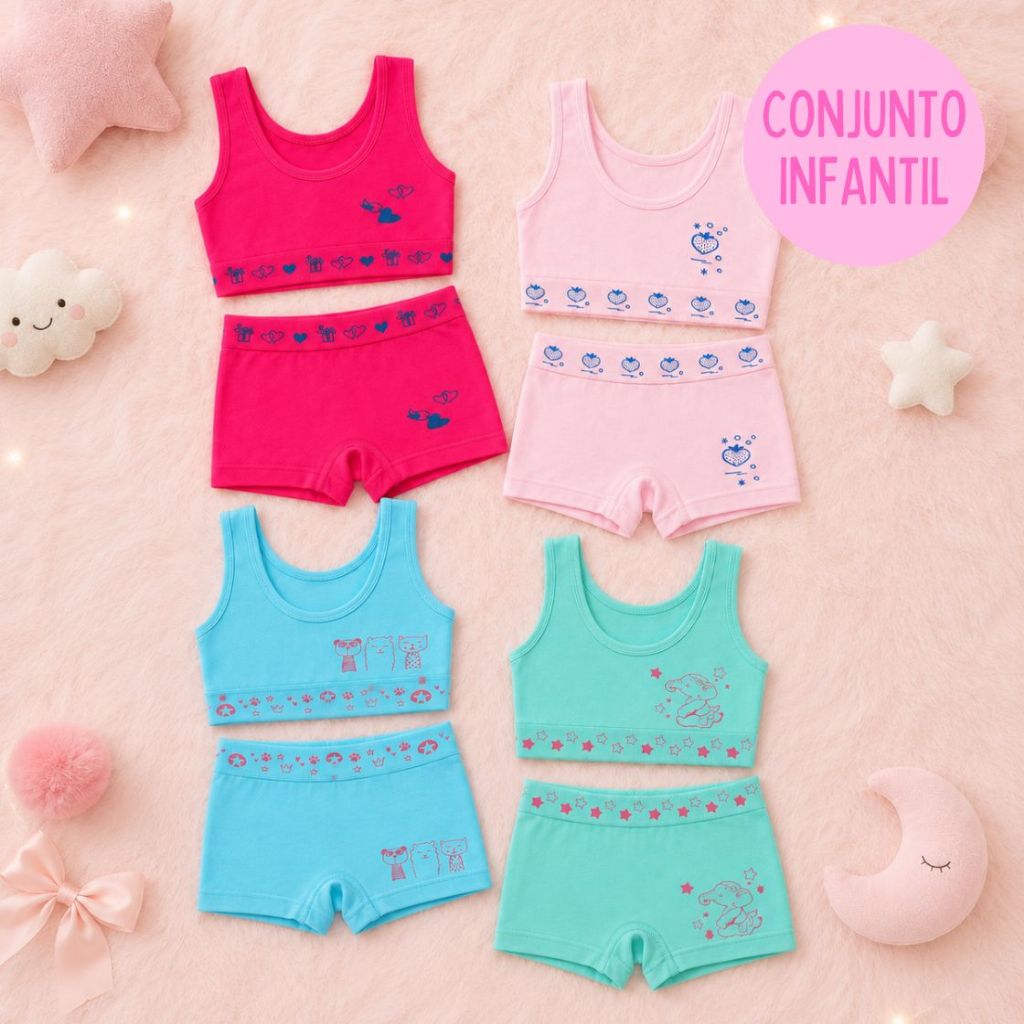 Kit 9,7 ou 5 Conjuntos Top + Calcinha Shortinho Menina Infantil 4 a 10 Anos Poliamida Premium