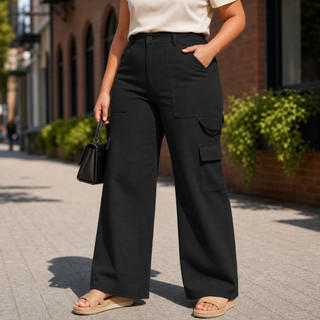 Calça com 4 bolso Social PLUS SIZE Feminina Modelo Pantalona Alfaiataria Cargo Wide Leg Calsa Luxo Blogueira Moda