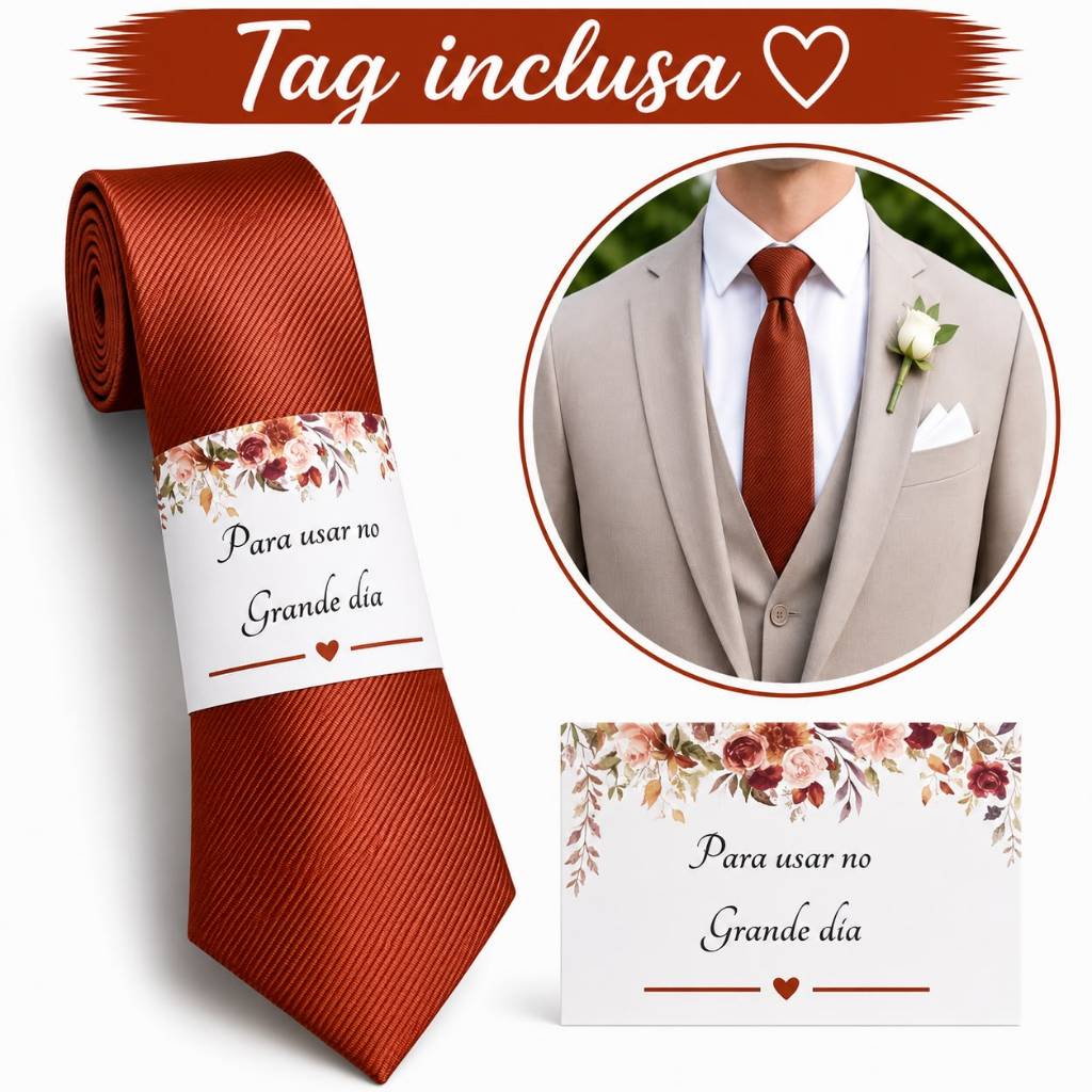 Kit 04 a 20 Gravatas terracota Slim Padrinhos de Casamento Tag PD