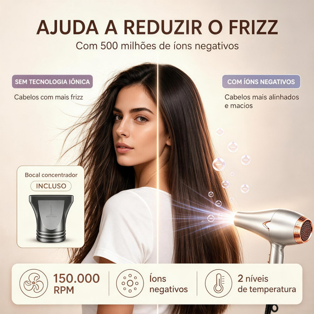 Secador Iônico 500 Milhões de Íons | Reduz 50% do Tempo de Secagem, +40% de Brilho e Maciez