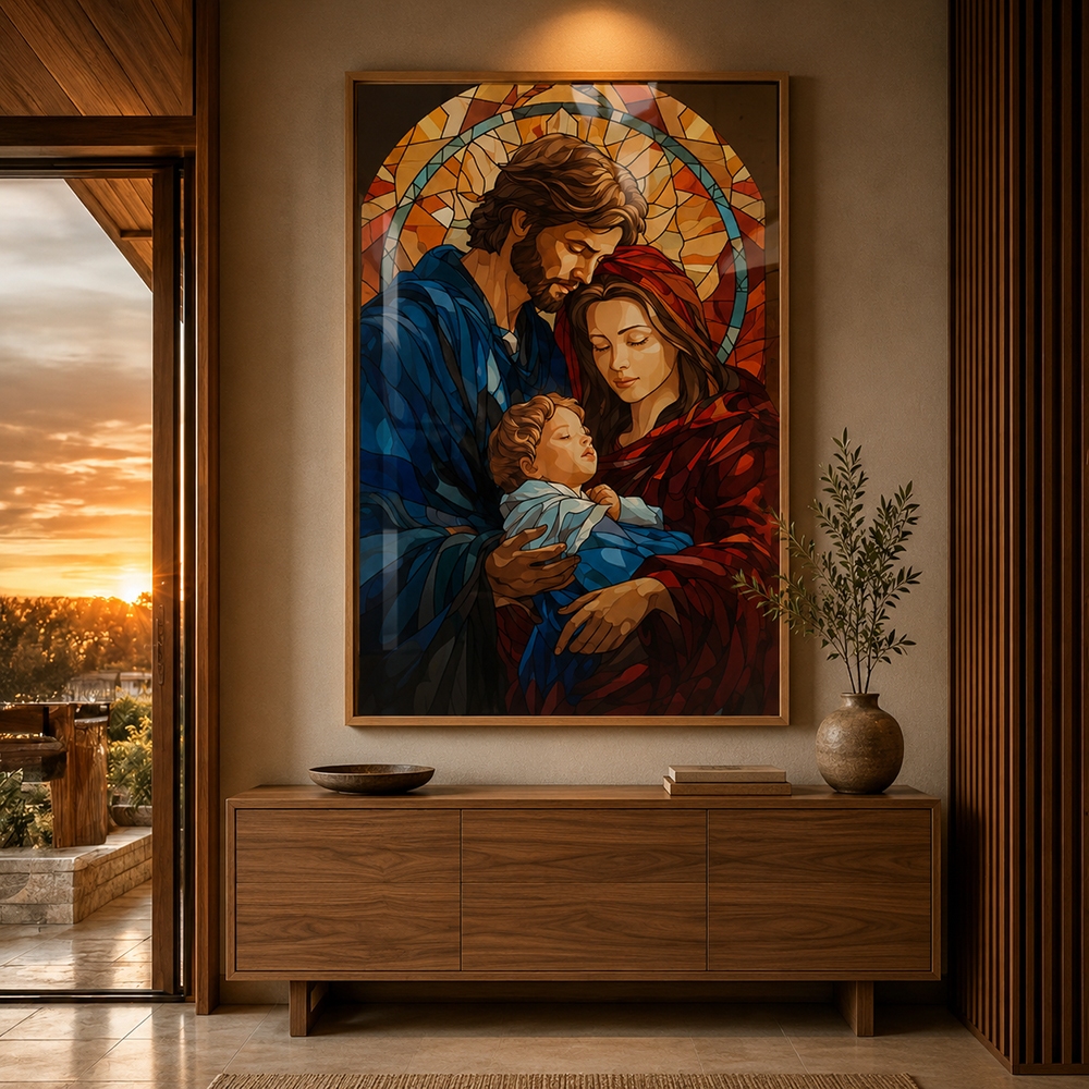 Quadro Sagrada Família Vitral Com Moldura Decorativo Sala Quarto