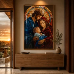 Quadro Sagrada Família Vitral Com Moldura Decorativo Sala Quarto