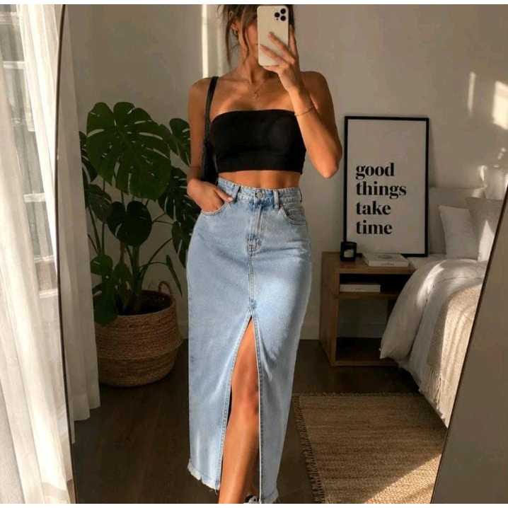 Saia Longa Jeans Feminina Cintura Alta com Fenda Frontal Midi Casual Elegante