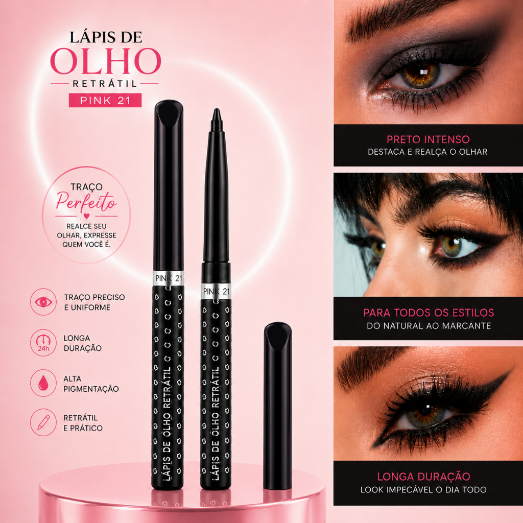 Lápis de Olho Retrátil Pink 21 – Preto Intenso | Traço Preciso e Longa Duração