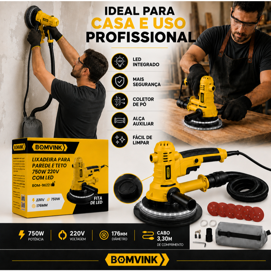 Lixadeira Eletrica de Teto e Parede 110v/220v 750w Com Acessórios LED e Aspirador Embutidos