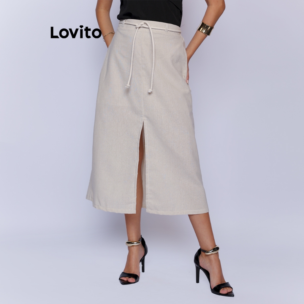 Lovito Saia Midi Linho Like Alfaiataria com Cinto Casual Elegante BRSKB924BRL954