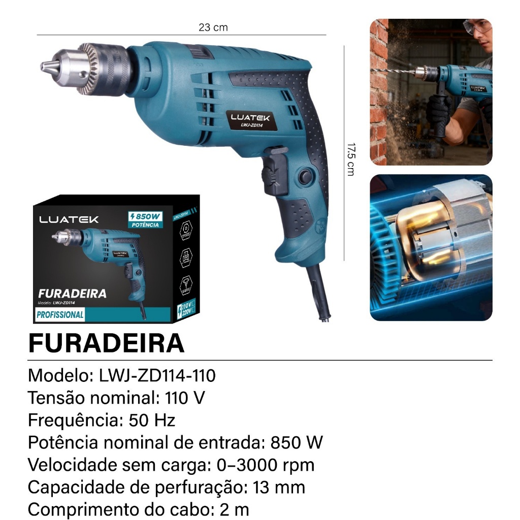 Furadeira Eletrica de Impacto Profissional 850W Mandril 13mm 1/2 Pol 110V 220V · foto 2