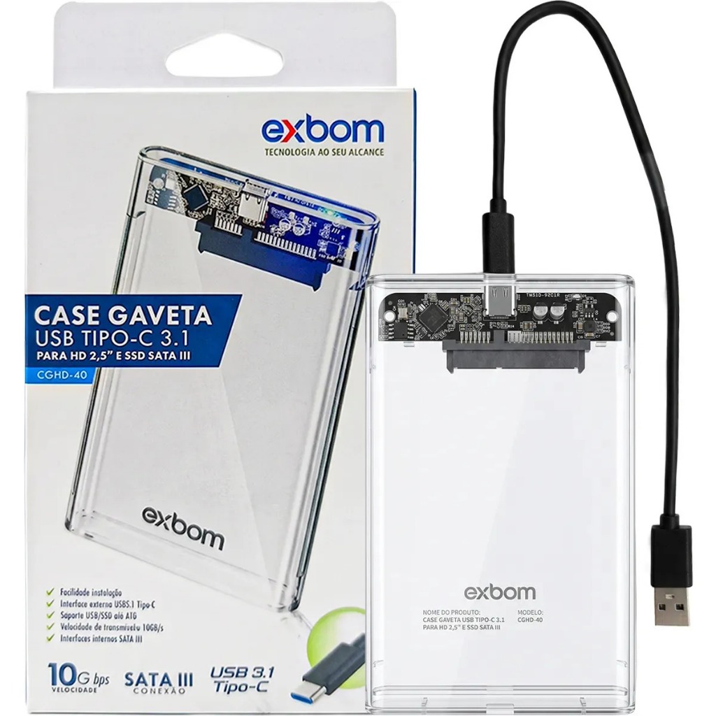 Case HD Externo SSD 2,5" USB Tipo-C 3.1 Sata III Capinha Transparente/Preto/Gaveta/Adaptador — imagem 2 de 2