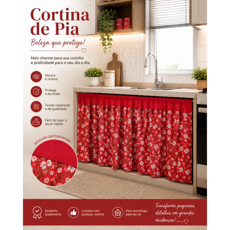 CORTINA PARA PIA DE COZINHA/BALCÃO EM OXFORD ESTAMAPDO 1,20X0,90