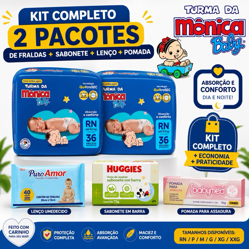 Kit Chá Fralda Descartável 2 Pacotes de Fralda Turma da Mônica + 1 Sabonete + 1 Lenço Umedecido + 1 Pomada