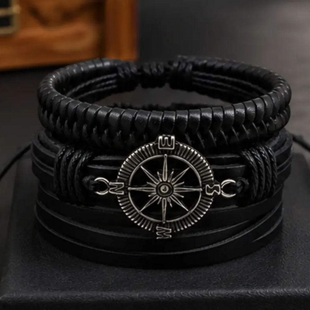 Pulseira Masculina Bússola Trança Social Tiras Kit 3 Peças