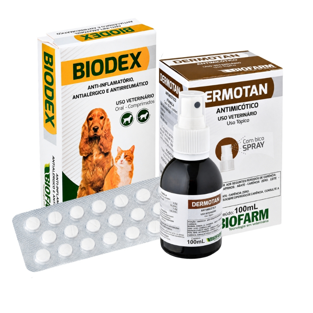 Combo Dermotan + Biodex Biofarm Anti-micótico para Micoses Dermatites Coceiras Cães e Gatos Pet
