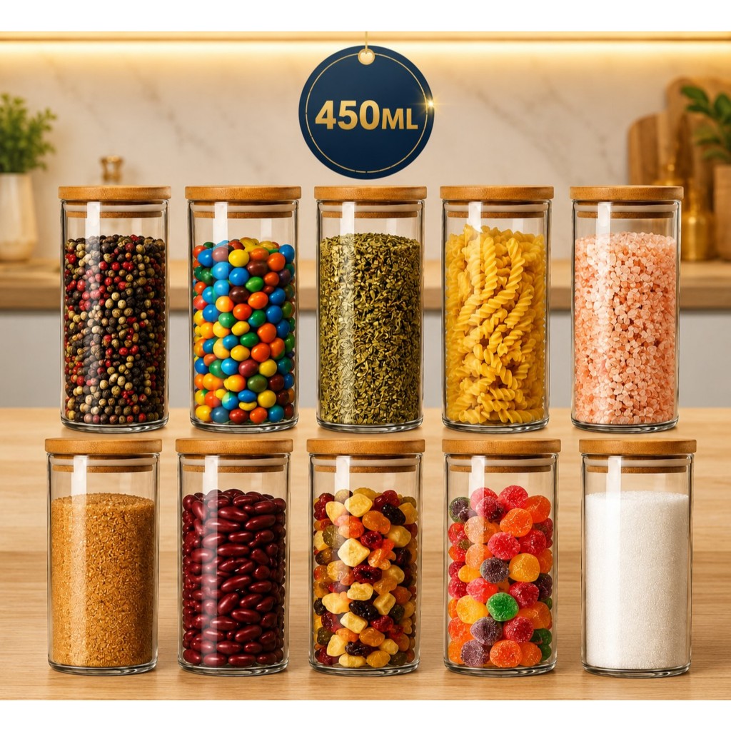 Kit  Potes Herméticos Vidro 450ml Tampa Bambu Mantimentos Transparente Redondo Temperos Vedação Cozinha Organizador