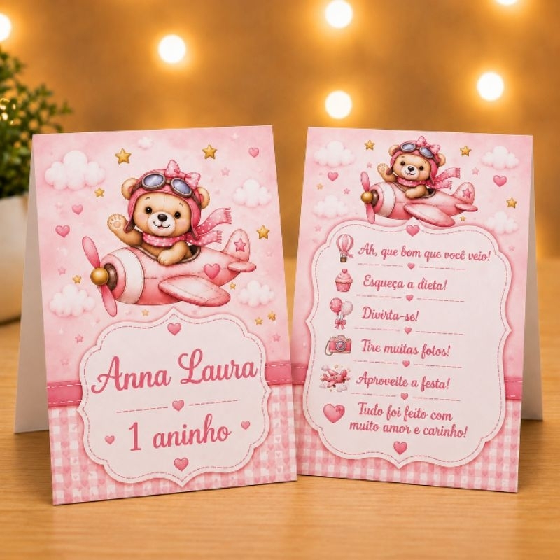 Kit Plaquinha de Agradecimento Ursinha Aviadora - Centro de Mesa -Personalizado - Lembrancinha - Aniversário - Decoração