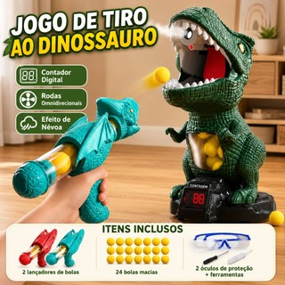Jogo de Tiro Dinossauro 2 Lançadores 24 Bolas Macias Alvo Contador Brinquedo Interativo Menino Presente