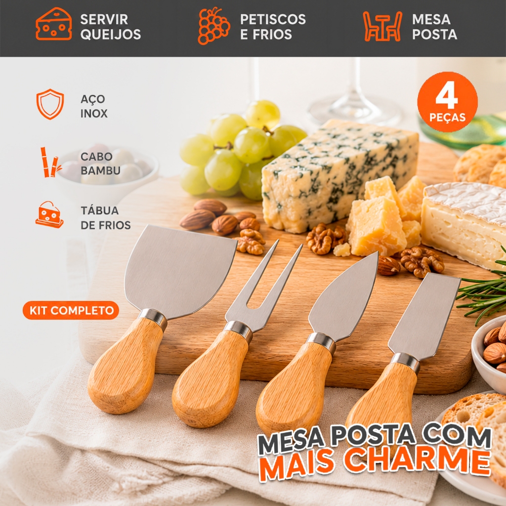 Kit Para Queijo E Frios 4 Peças Aço Inox E Cabo Bambu Conjunto Utensílios