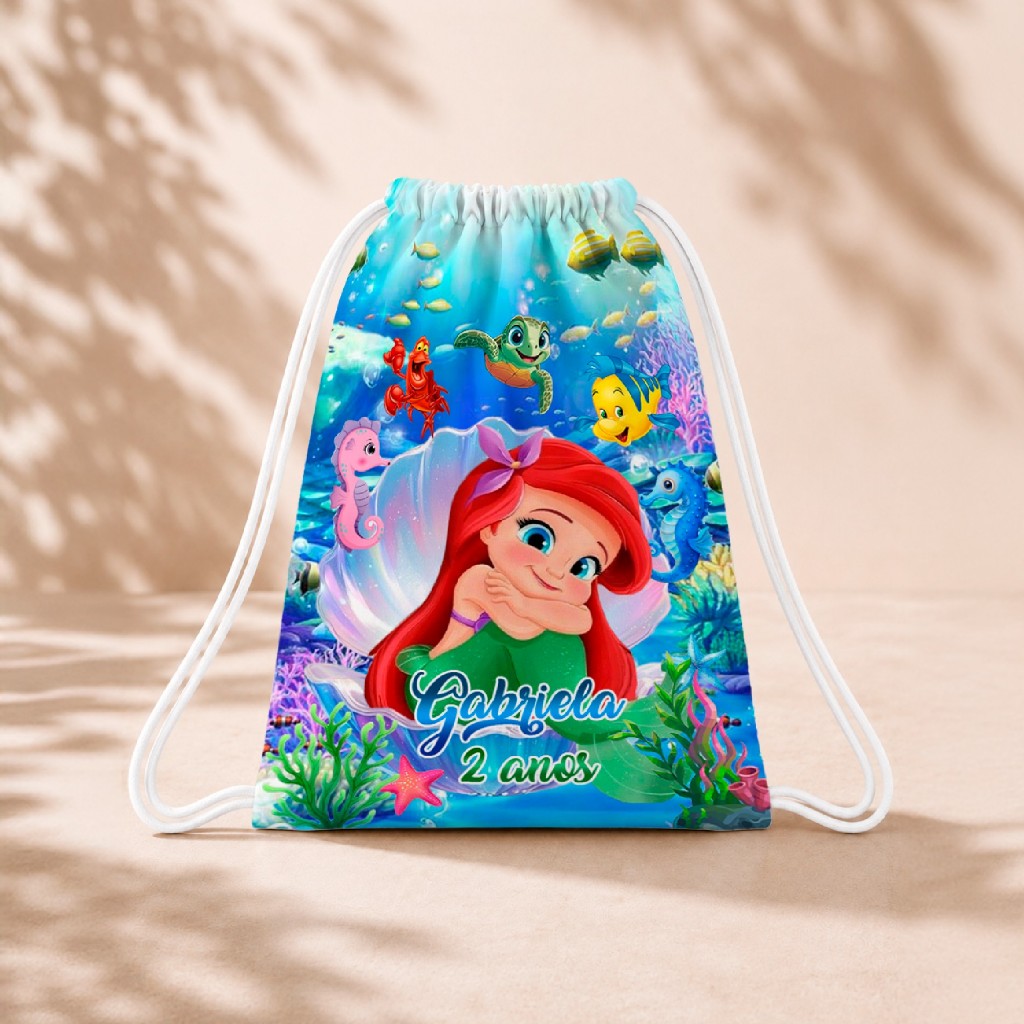 10 Mochila Personalizada Infantil 18x26 Sacolinhas Surpresa Festa Aniversário Lembrancinha Ariel Cute Sereia