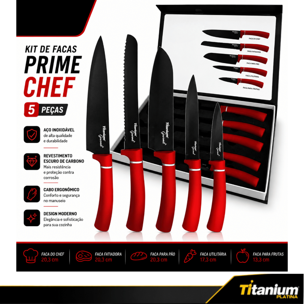 Kit de Facas Prime Chef 5 Peças Titanium Gourmet Vermelha – Aço Inoxidável de Al