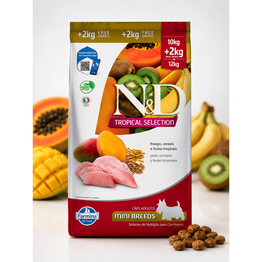 Ração N&D Tropical Selection Frango Adult Mini Raças Pequenas 12kg (10kg+2kg) Farmina Original