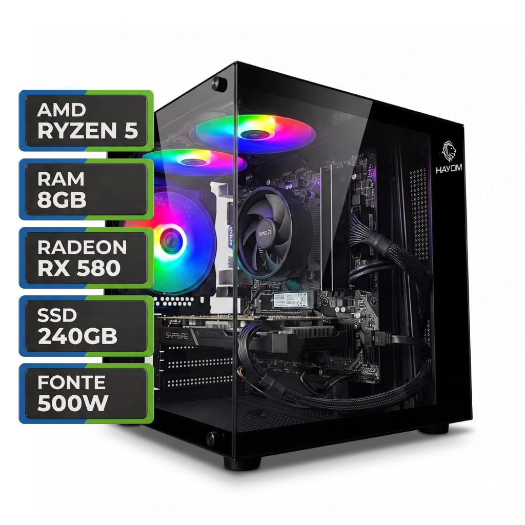 PC Gamer Uriel I, AMD Ryzen 5 5500, Radeon RX 580 8GB,  8GB DDR4, SSD 240GB, Fonte 500W
