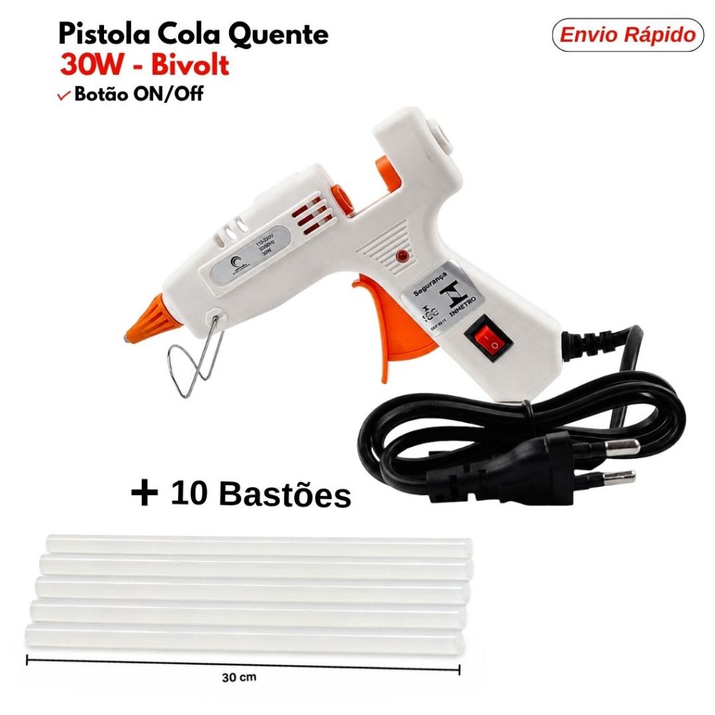 Pistola Cola Quente Pequena Bivolt 30W Branca com Bastão 7mm Envio Rapido