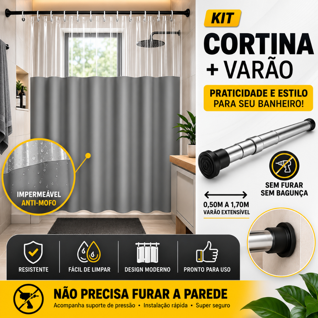Kit Cortina para Box Banheiro + Varão Extensível de Pressão 0,50 a 1,70m | Impermeável Anti-Mofo Sem Furar Parede