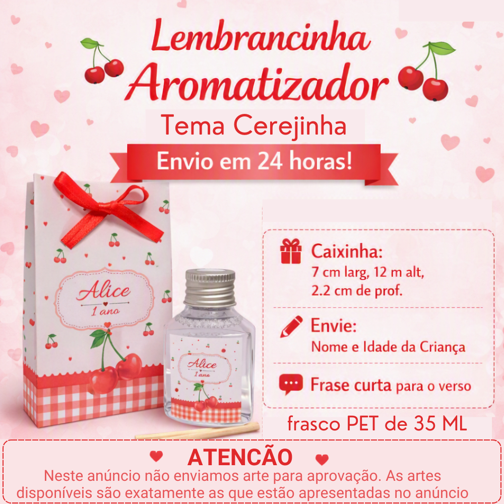 Kit Lembrancinha Personalizada Tema Cerejinha Caixinha + Aromatizador 35ml Envio 24h Aniversario 1 Ano
