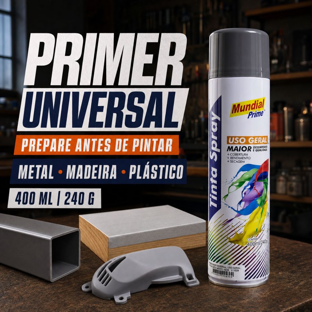 Primer Universal Spray Mundial Prime 400 ml 240 g – Fundo Preparador para Metal, Madeira e Plástico