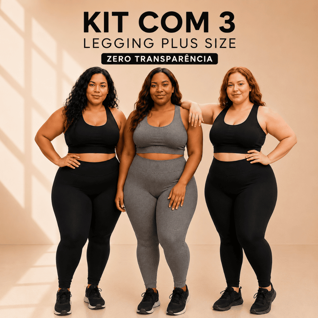Kit 3 Calças Legging Plus Size Blackout Zero Transparência Cintura Alta Suplex Confortável Academia
