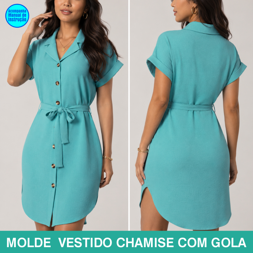 MOLDES PARA COSTURA - MOLDE VESTIDO CHAMISE COM GOLA 070 - PP AO G5