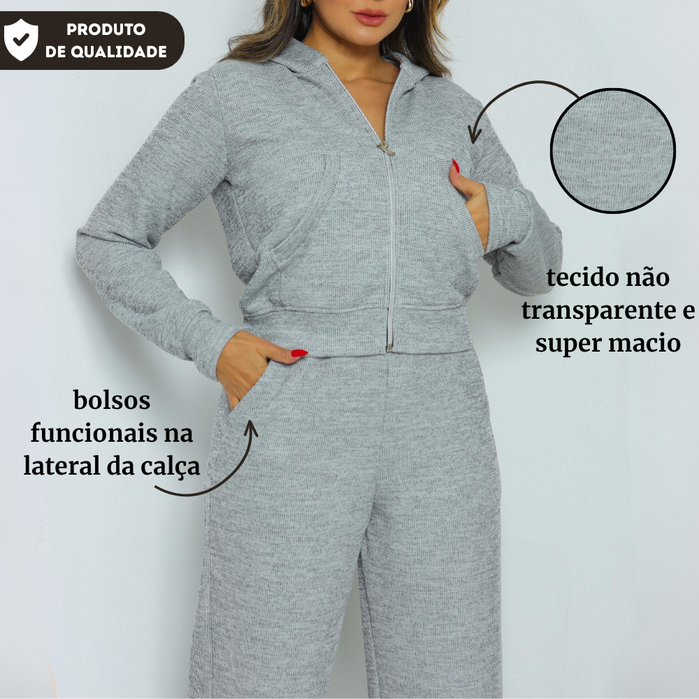 Conjunto de Frio Feminino Malha Ribi Premium Capuz Bolsos Zíper Confortável Inverno Casual Blusa de Frio e Pantalona