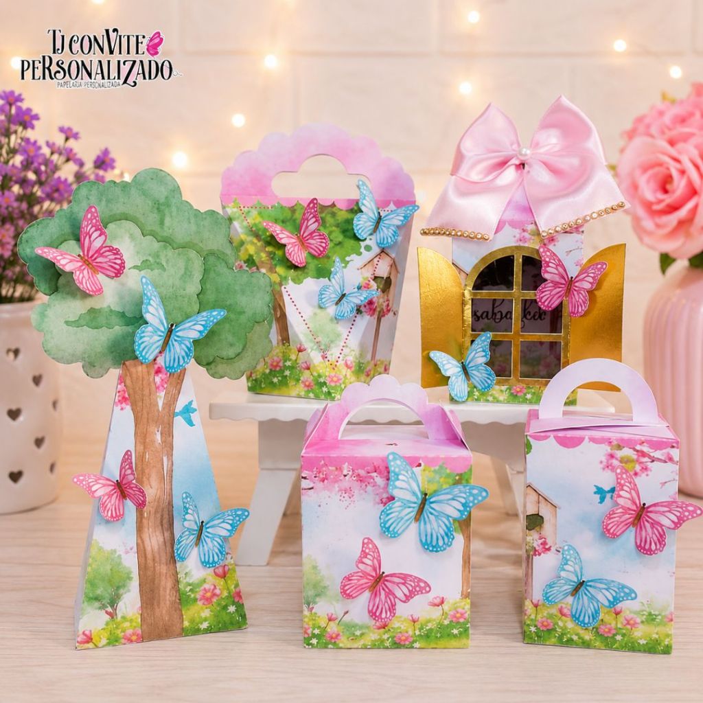 Kit Personalizados Jardim das borboletas Rosa/ Mimos de Aniversário Lembrancinhas Caixinhas Personalizadas Kit Festa