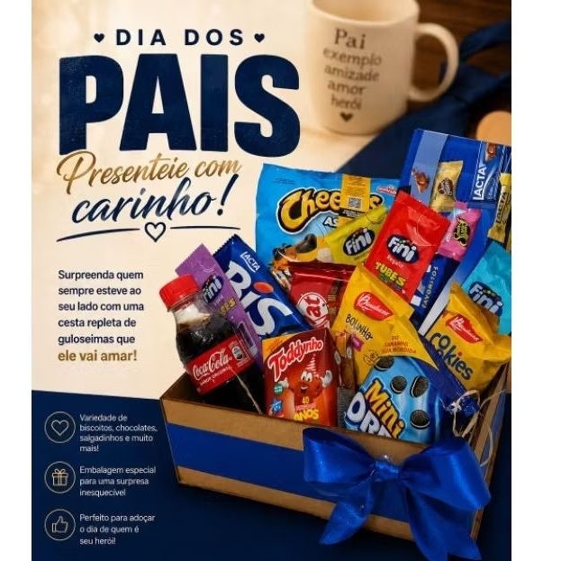 Cesta Dia Dos Pais Com Guloseimas Bombom Chocolate Cesta Para Presente Completa Kit De Doce Lembrancinha Dia Dos Pais
