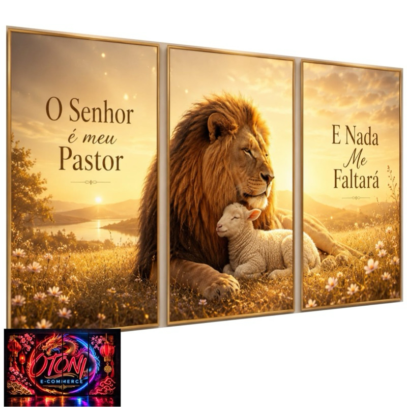 Quadros Decorativos Leão De Judá E Cordeiro Religioso 3 Peças Decoração Sala Quarto Escritório Decoração