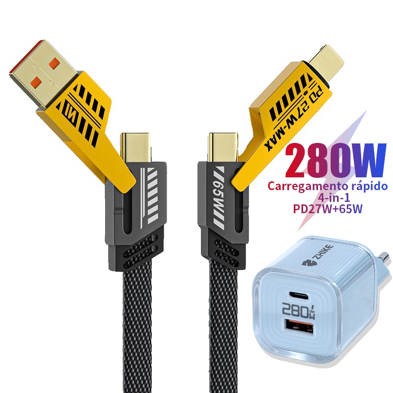 Carregador 4 em 1 ZHIKE Tipo C Micro USB V8 iP 1,5M Cabo com USB PD 280W GaN Adaptador 65W Compatível com Samsung HUAWEI