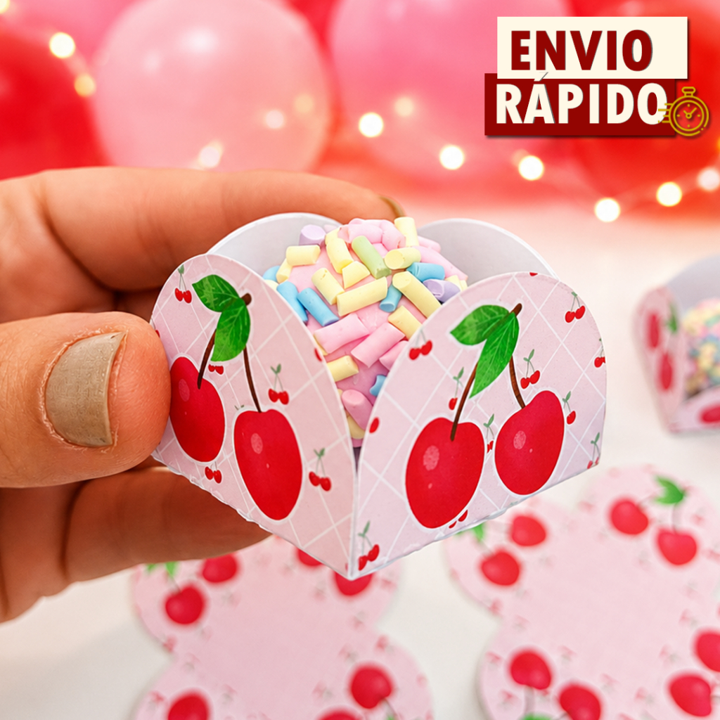 50 Forminha de Doces Cerejinha Rosa Personalizada no Tema - Lembrancinha de Festa Aniversário