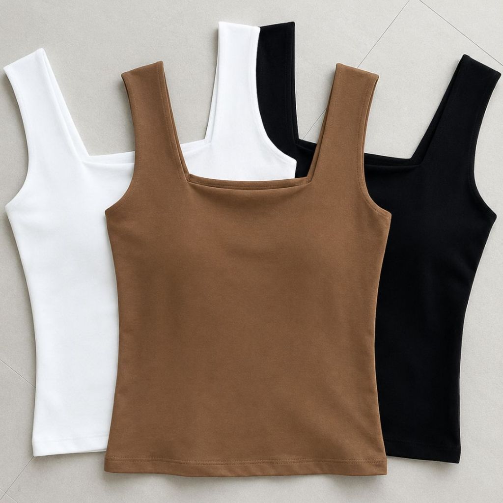 Kit 3 Blusa Feminina Estilosa Regata Gola Quadrada Básica Elegante Confortável Moda Blogueiras