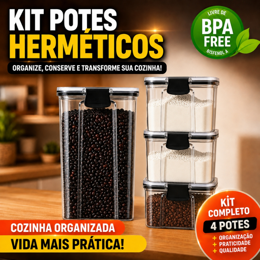 Kit 4 Potes Herméticos Organizador Empilhável de Mantimentos Transparente Com Trava BPA Free