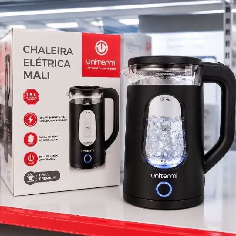 Chaleira Elétrica Unitermi Mali 1,5 Litros Vidro Borossilicato 220V Aquecedor Água Desligamento Automático Premium