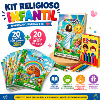 20 Livros Bíblicos para Colorir + 20 Giz de Cera Lembrancinha Infantil Igreja Evangélica